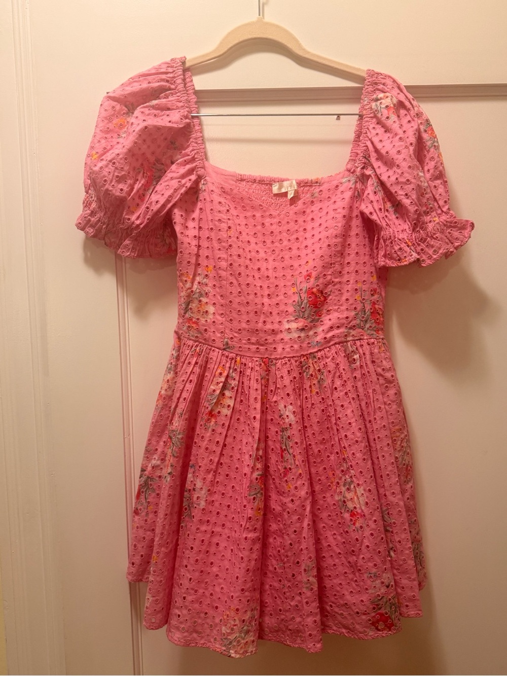 LoveshackFancy Altima Dress in Pink Eyelet Floral Sweetheart Neckline - Picture 2 of 5